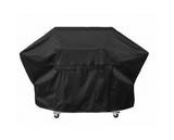 A black outdoor grill cover with wheels, shown from the back on a solid white background.