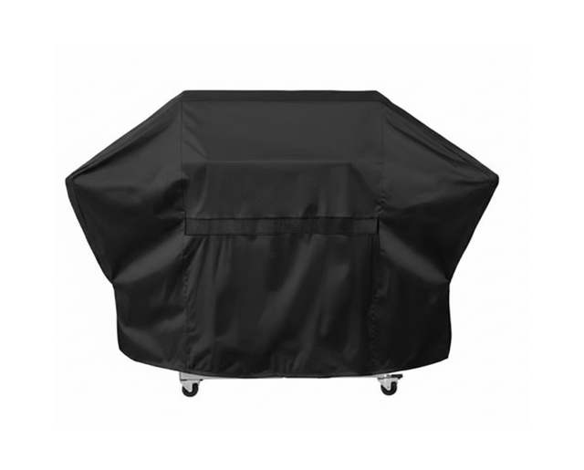 A black outdoor grill cover with wheels, shown from the back on a solid white background.