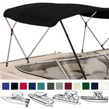 Boat with a black bimini top installed on it, showcasing different height options with color swatches shown below.