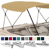Boat with a beige bimini top installed on it, showcasing different height options with color swatches shown below.