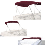 Burgundy bimini top replacement canvas fitted on a bimini frame, shown from multiple angles, fully open and stored in a protective boot.