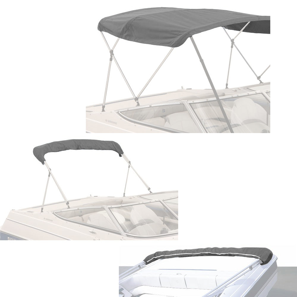 Gray bimini top replacement canvas fitted on a bimini frame, shown from multiple angles, fully open and stored in a protective boot.