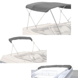 Gray bimini top replacement canvas fitted on a bimini frame, shown from multiple angles, fully open and stored in a protective boot.