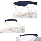 Navy bimini top replacement canvas fitted on a bimini frame, shown from multiple angles, fully open and stored in a protective boot.