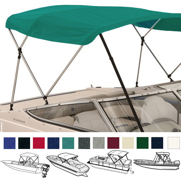 Boat with a teal bimini top installed on it, showcasing different height options with color swatches shown below.
