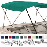 Boat with a teal bimini top installed on it, showcasing different height options with color swatches shown below.