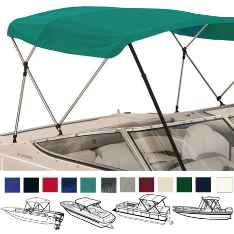 Boat with a teal bimini top installed on it, showcasing different height options with color swatches shown below.
