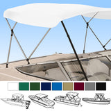 Boat with a white bimini top installed on it, showcasing different height options with color swatches shown below.