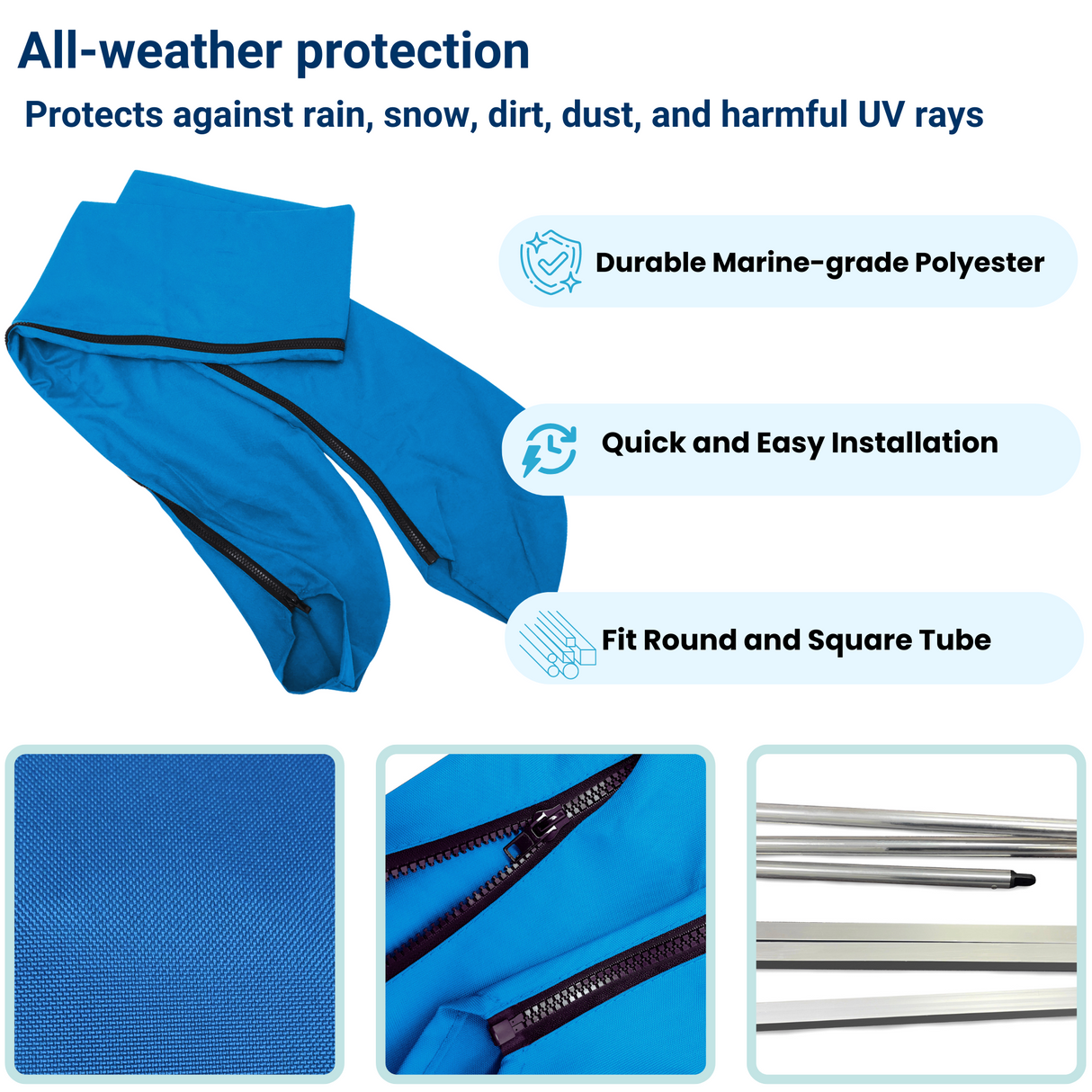 Durable blue protective cover with all-weather protection, quick installation, and fits both round and square tubes.