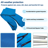 Durable blue protective cover with all-weather protection, quick installation, and fits both round and square tubes.