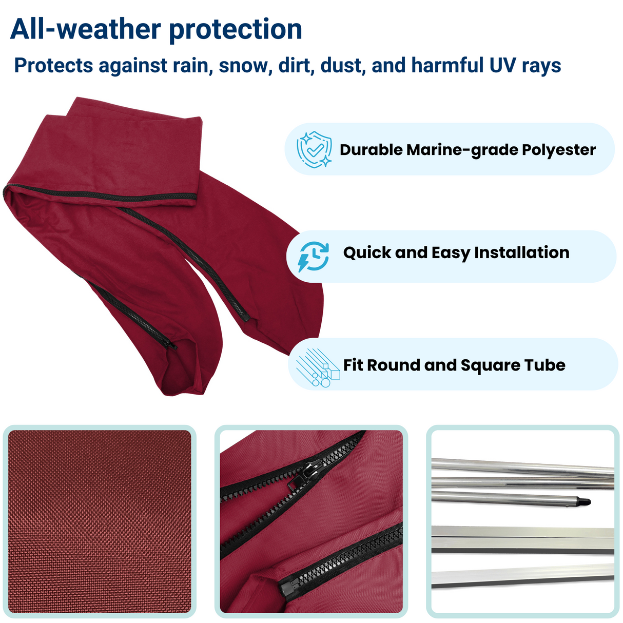 Durable burgundy protective cover with all-weather protection, quick installation, and fits both round and square tubes.