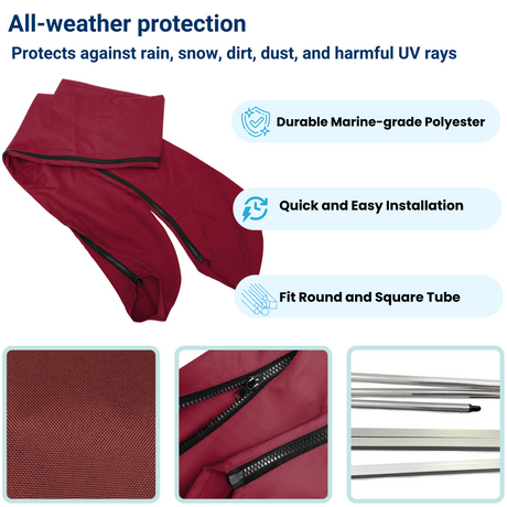 Durable burgundy protective cover with all-weather protection, quick installation, and fits both round and square tubes.
