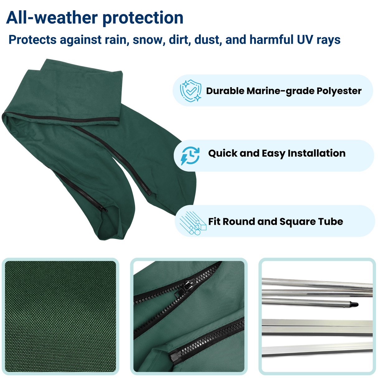 Durable green protective cover with all-weather protection, quick installation, and fits both round and square tubes.