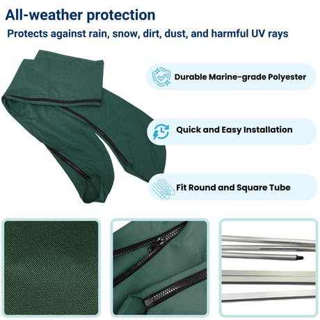 Durable green protective cover with all-weather protection, quick installation, and fits both round and square tubes.