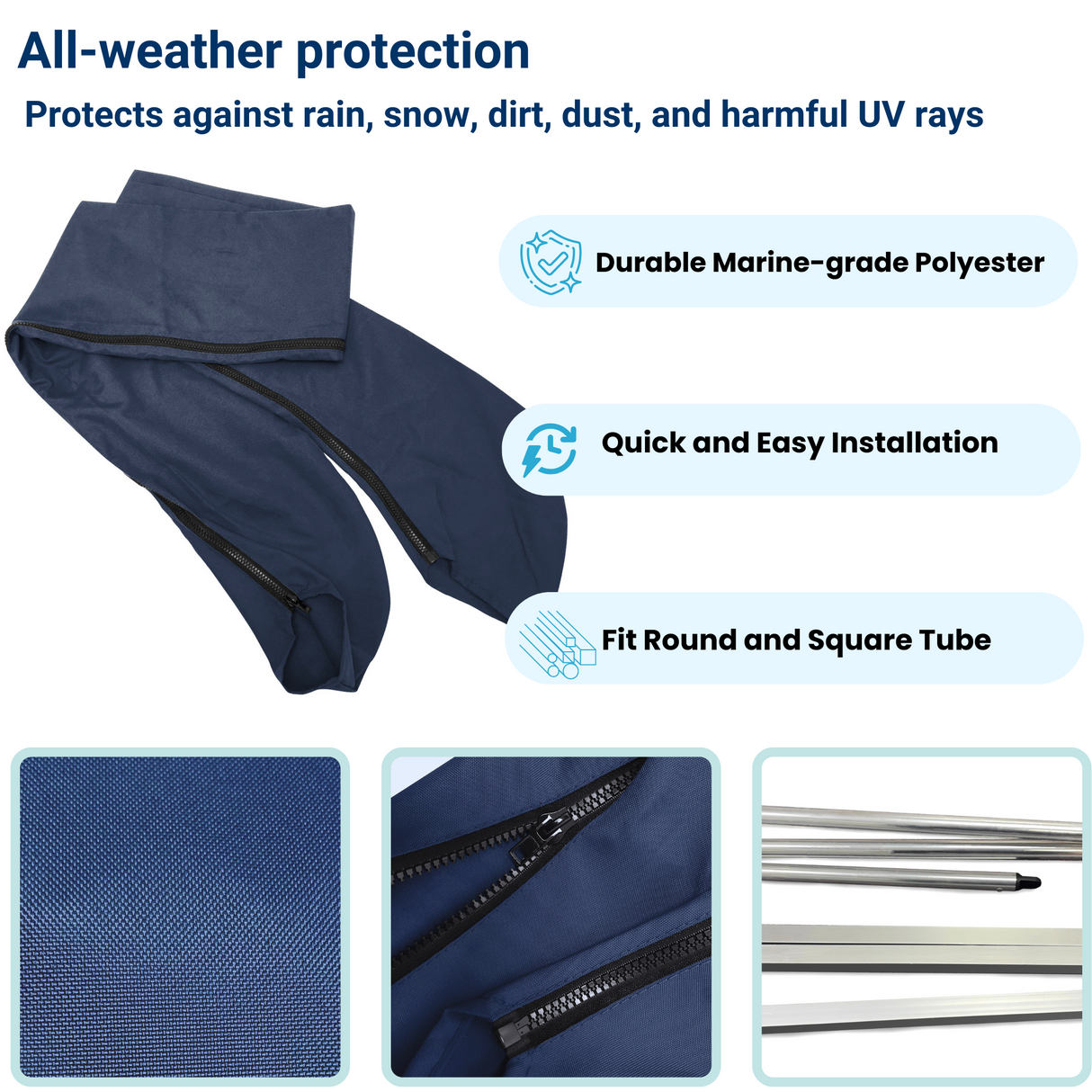 Durable navy protective boot cover with all-weather protection, quick installation, and fits both round and square tubes.