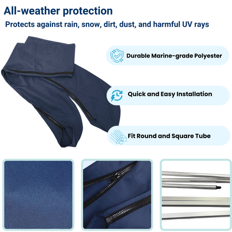 Durable navy protective boot cover with all-weather protection, quick installation, and fits both round and square tubes.