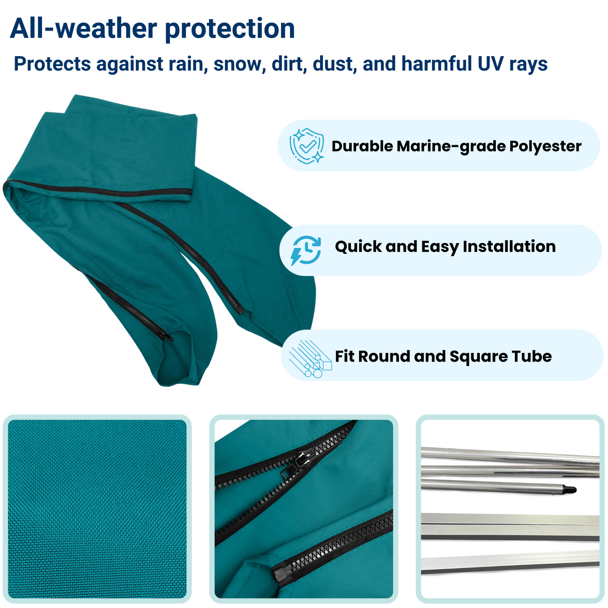 Durable teal protective cover with all-weather protection, quick installation, and fits both round and square tubes.