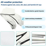 Durable white protective bimini top boot cover with all-weather protection, quick installation, and fits both round and square tubes.