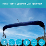 Bimini top boot cover with light hole cutout for stern light on a boat against a blue sky.