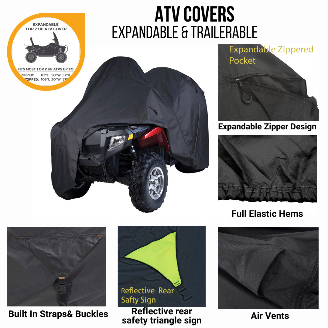 Black heavy duty ATV cover that is both expandable and trailerable included with an expandable zipper pocket, full elastic hems, air vents, reflective rear safety sign, and built in straps and buckles.