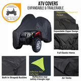 Black heavy duty ATV cover that is both expandable and trailerable included with an expandable zipper pocket, full elastic hems, air vents, reflective rear safety sign, and built in straps and buckles.