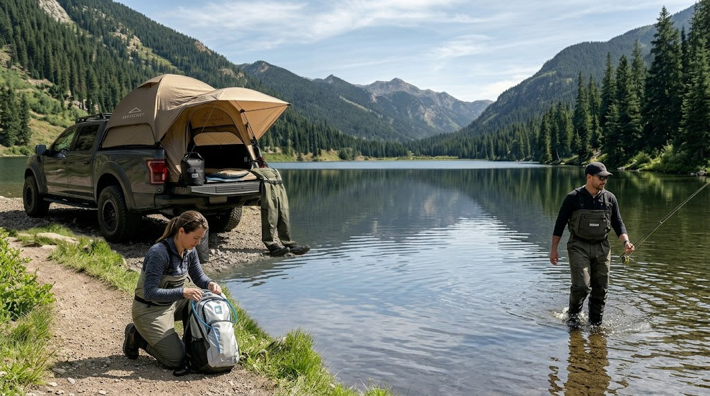 Two people by a lake with mountains in the background, one person fishing and the other preparing gear.