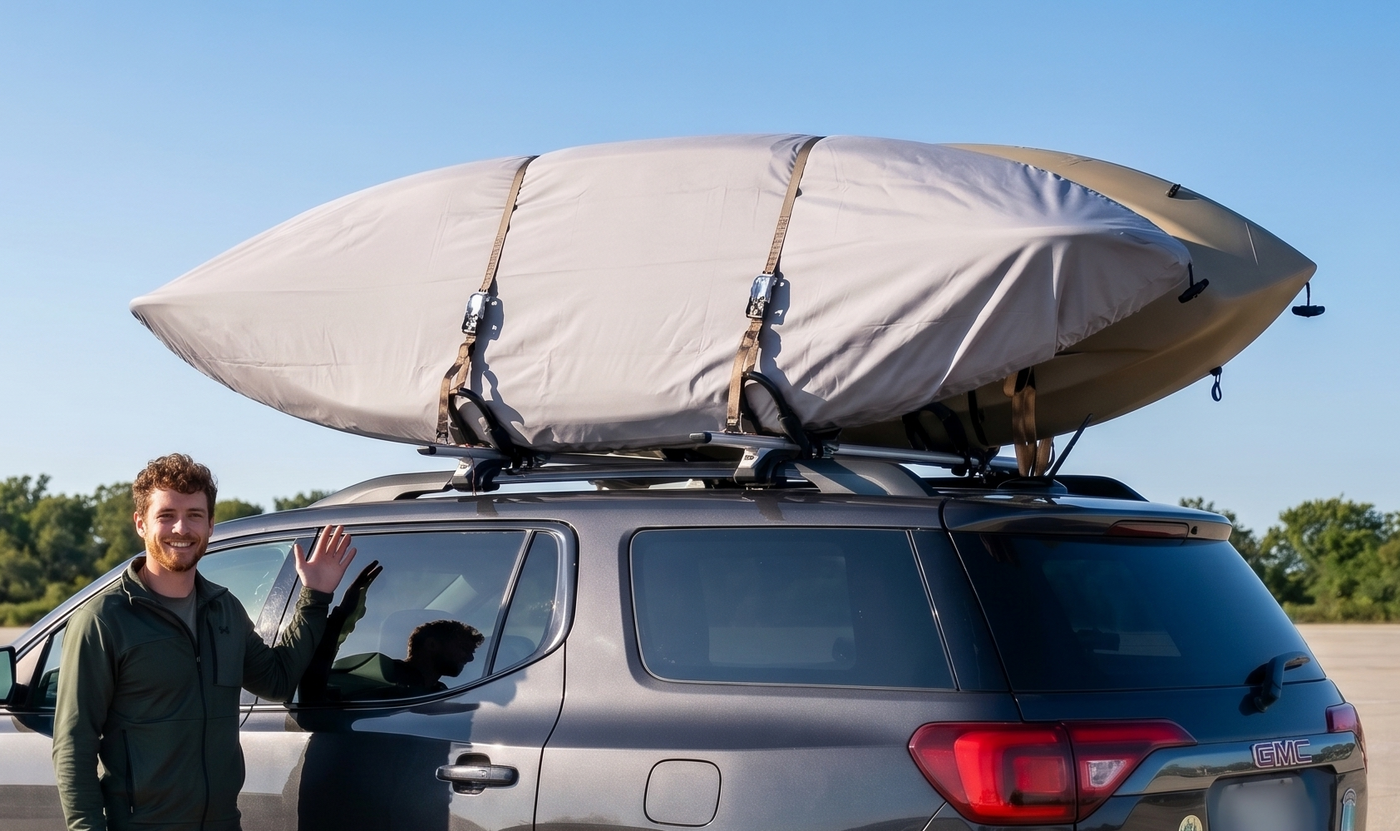 Man standing next to a gray SUV with a kayak on top, on a clear day.