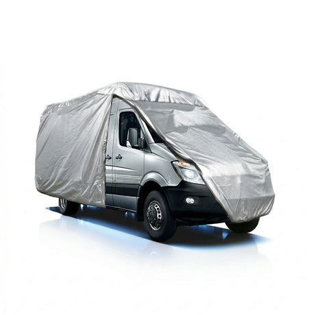 Silver Class B RV cover designed to protect Class B RVs and low- or high-top conversion vans, featuring zipper access to the passenger door.