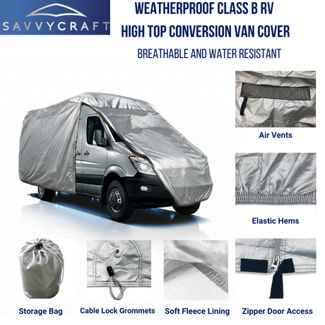 Weatherproof Class B RV cover with breathable water-resistant fabric, zipper door access, elastic hems, soft fleece lining, cable lock grommets
