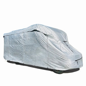 A Class C motorhome covered with a silver protective cover, designed to fit vehicles ranging from 20ft to 36ft in length.