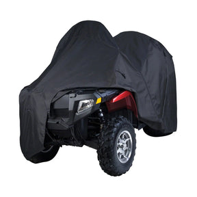 High quality expandable, black ATV cover made from high-density woven polyester, for providing all-weather protection partially covering ATV.