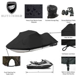 TitanShield Jet Ski Covers black color detail features include front opening hitch, dual air vents, release buckles and built-in loops work seamlessly with straps and buckles , full elastic code around hem, and a storage bag 