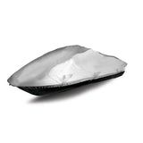 Silver jet ski cover wrapped tightly around black jet ski.