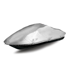 Silver jet ski cover wrapped tightly around black jet ski.