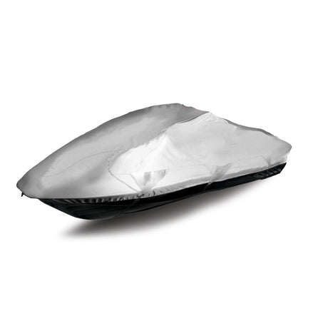 Silver jet ski cover wrapped tightly around black jet ski.