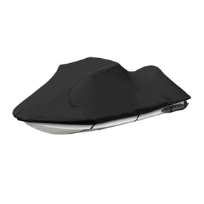 Black Titanshield jet ski cover made with heavy duty solution dyed fabric and UV-treated material, completely covering jet ski. Ideal for trailering, storage, or mooring.
