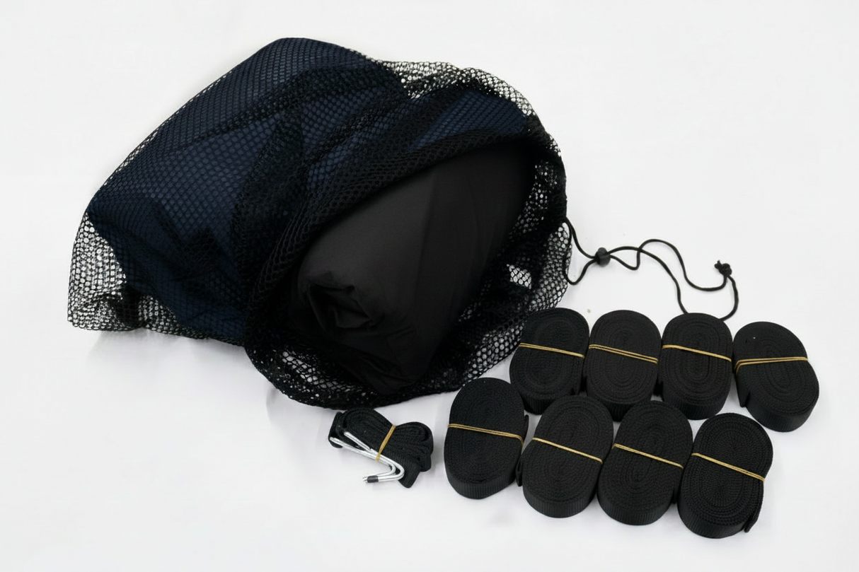 A black mesh drawstring storage bag with several rolled black items tied with thin bands, arranged on a plain white background.