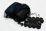 A black mesh drawstring storage bag with several rolled black items tied with thin bands, arranged on a plain white background.