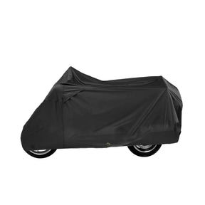 Black scooter cover made with durable heavy-duty polyester fabric completely covering motorcycle.