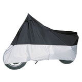 Motorcycle cover with black top and white bottom on a white background