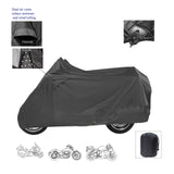 Black all-weather motorcycle cover with dual air vents to reduce moisture and wind lofting, shown covering a motorcycle with close-up vent details and included storage bag.