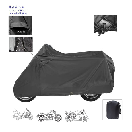 Black all-weather motorcycle cover with dual air vents to reduce moisture and wind lofting, shown covering a motorcycle with close-up vent details and included storage bag.