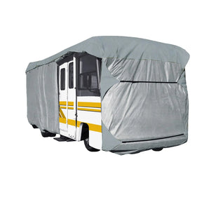 An Elite Premium Class A RV Cover installed on a class A RV.