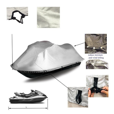 ArgentShield Jet Ski Covers silver color detail features include front opening hitch, dual air vents, release buckles and built-in loops work seamlessly with straps and buckles 