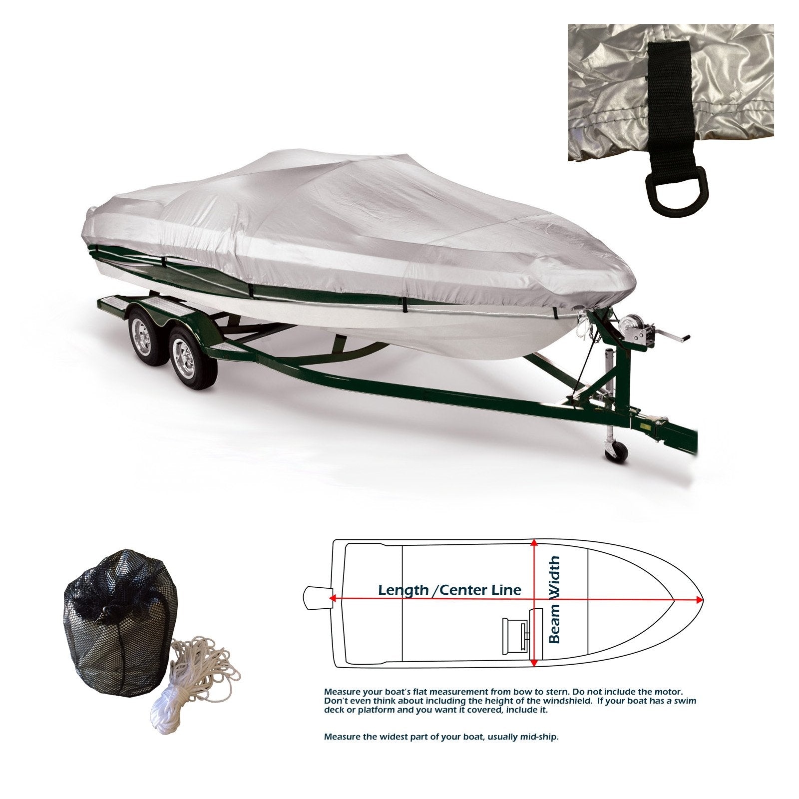 An image of the ArgentShield Boat Cover installed on a boat with a picture of the accessories that come with the cover at purchase.