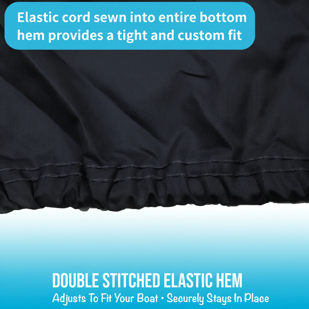 Close-up of a black fabric hem with elastic cord stitching and text explaining custom fit and double-stitched elastic hem.