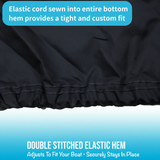 Close-up of a black fabric hem with elastic cord stitching and text explaining custom fit and double-stitched elastic hem.