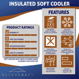 Key features of SavvyCraft Fish Kill Bag: tested in-house to keep contents frozen over 24 hours, heavy-duty puncture-resistant material for fishing boats, mildew resistance, and easy soap-and-hose cleaning