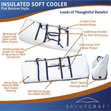 SavvyCraft Insulated Soft Cooler Flat Bottom Style showcasing key features: waterproof zipper seal, reinforced buckle straps for storage, heavy-duty material with heat-sealed seams, additional carry handles, and a multi-option drainage valve
