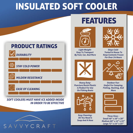 Key features of SavvyCraft Flat Bottom Fish Kill Bag: tested in-house to keep contents frozen over 24 hours, heavy-duty puncture-resistant material for fishing boats, mildew resistance, and easy soap-and-hose cleaning